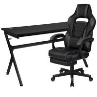 Gaming Desk with Cup HolderHeadphone HookRemovable Mousepad Top Black Reclining BackArms Gaming Chair with Footrest