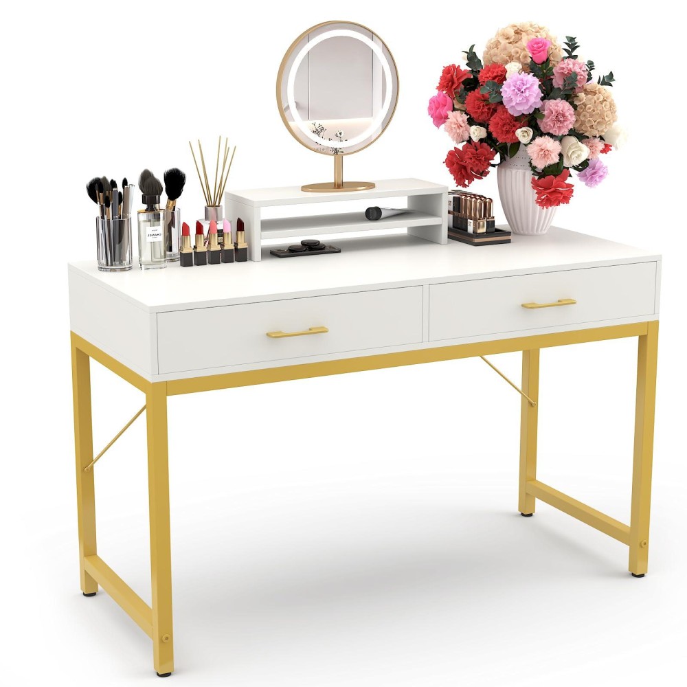 Westree Women Makeup Vanity Desk With 2 Drawers - Bedroom Home Office Desk, Wooden Height Monitor Stand & Storage Shelf Without Mirror, White Table Great Gift For Her
