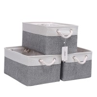 Fabric Storage Basket Set Of 3, Foldable Linen Storage Box For Nursery And Home, Collapsible Canvas Shelf Basket For Wardrobe Or Bedroom, Grey And White
