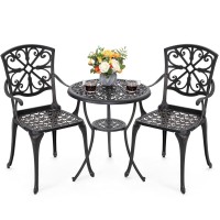 Nuu Garden 3 Piece Bistro Table Set Cast Aluminum Outdoor Furniture Weather Resistant Patio Table And Chairs With Umbrella Hole For Yard, Balcony, Porch, Black With Gold-Painted Edge