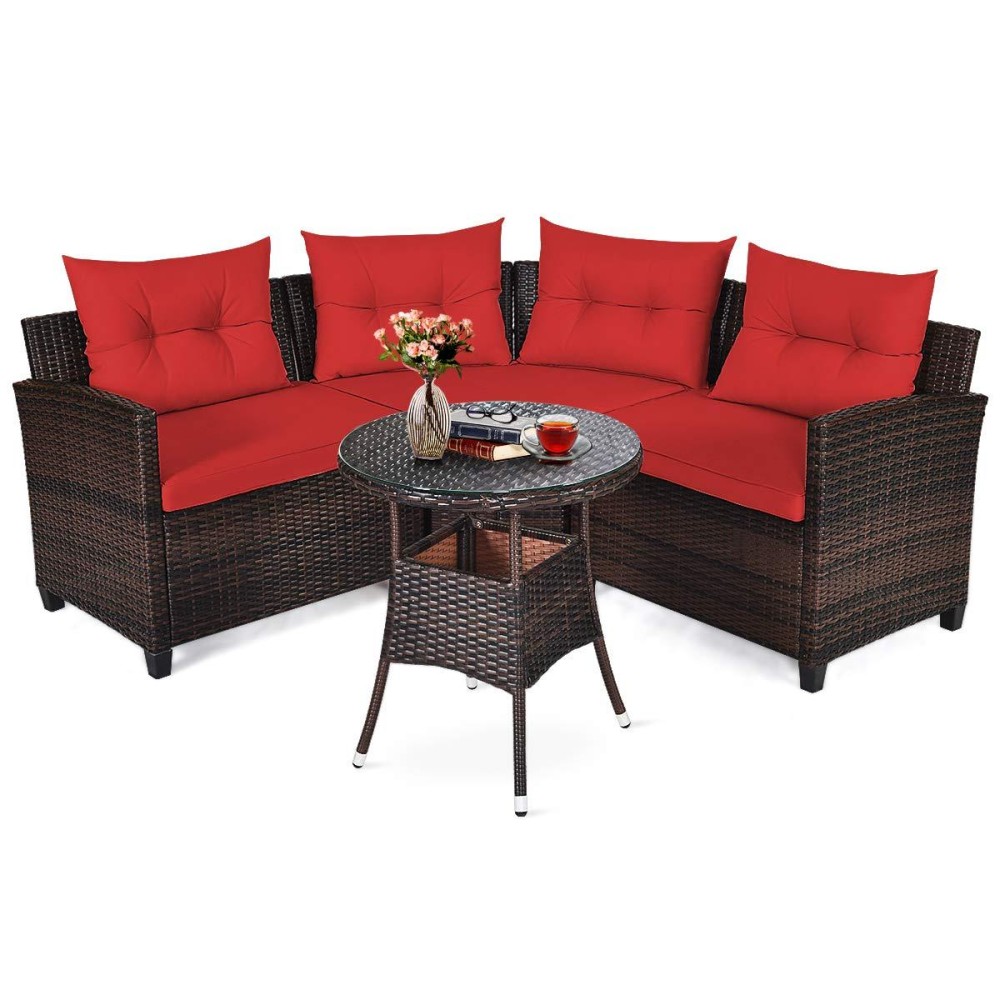 Tangkula 4-Piece Patio Furniture Set, C-Shape Outdoor Wicker Sectional Sofa Set, W/Cushions & Glass Coffee Table, Modern Deck Rattan Furniture For Garden Poolside Balcony (Red)