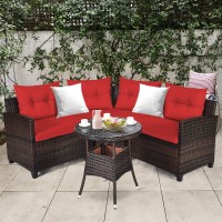 Tangkula 4-Piece Patio Furniture Set, C-Shape Outdoor Wicker Sectional Sofa Set, W/Cushions & Glass Coffee Table, Modern Deck Rattan Furniture For Garden Poolside Balcony (Red)