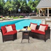 Tangkula 4-Piece Patio Furniture Set, C-Shape Outdoor Wicker Sectional Sofa Set, W/Cushions & Glass Coffee Table, Modern Deck Rattan Furniture For Garden Poolside Balcony (Red)