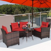 Tangkula 4-Piece Patio Furniture Set, C-Shape Outdoor Wicker Sectional Sofa Set, W/Cushions & Glass Coffee Table, Modern Deck Rattan Furniture For Garden Poolside Balcony (Red)