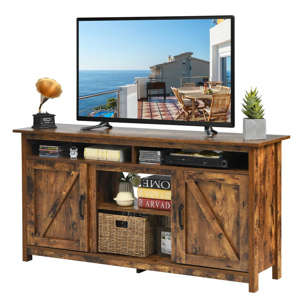 Tangkula Industrial Tv Stand With Barn Doors For Tvs Up To 65 Inches, Farmhouse Tv Console Cabinet With Shelves & Cabinets, Rustic Entertainment Center For Living Room, Tv Console Table, Rustic Brown