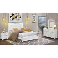 East West Furniture PA05-Q1NDM0 Pandora 4 Pc Bedroom Set with a queen size bed 2 modern nightstands, Bedroom Dresser, and Large Mirrors - White Finish