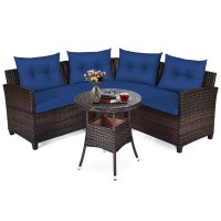 Tangkula 4-Piece Patio Furniture Set, C-Shape Outdoor Wicker Sectional Sofa Set, W/Cushions & Glass Coffee Table, Modern Deck Rattan Furniture For Garden Poolside Balcony (Navy Blue)