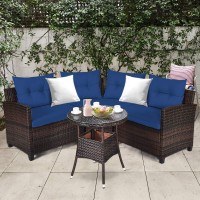 Tangkula 4-Piece Patio Furniture Set, C-Shape Outdoor Wicker Sectional Sofa Set, W/Cushions & Glass Coffee Table, Modern Deck Rattan Furniture For Garden Poolside Balcony (Navy Blue)