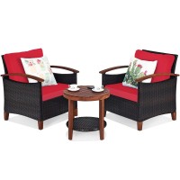 Tangkula 3 Pieces Patio Furniture Set, Outdoor Rattan Sofa And Side Table W/Solid Acacia Wood Frame, High Load Bearing Conversation Bistro Set W/Washable And Removable Cushions (Red)