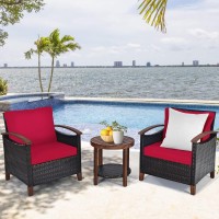 Tangkula 3 Pieces Patio Furniture Set, Outdoor Rattan Sofa And Side Table W/Solid Acacia Wood Frame, High Load Bearing Conversation Bistro Set W/Washable And Removable Cushions (Red)