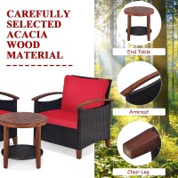 Tangkula 3 Pieces Patio Furniture Set, Outdoor Rattan Sofa And Side Table W/Solid Acacia Wood Frame, High Load Bearing Conversation Bistro Set W/Washable And Removable Cushions (Red)