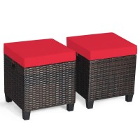 Tangkula 2 Pieces Outdoor Patio Ottoman, All Weather Rattan Wicker Ottoman Seat, Patio Rattan Furniture, Outdoor Footstool Footrest Seat W/Removable Cushions (Red)
