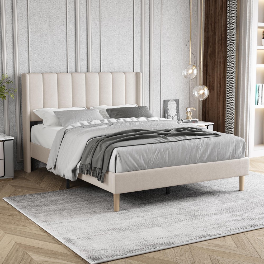 Zoophyter Upholstered Platform Bed Frame Full Size With Headboard,Mattress Foundation/Strong Wooden Slats Support/No Box Spring Needed/Easy Assembly Light Grey