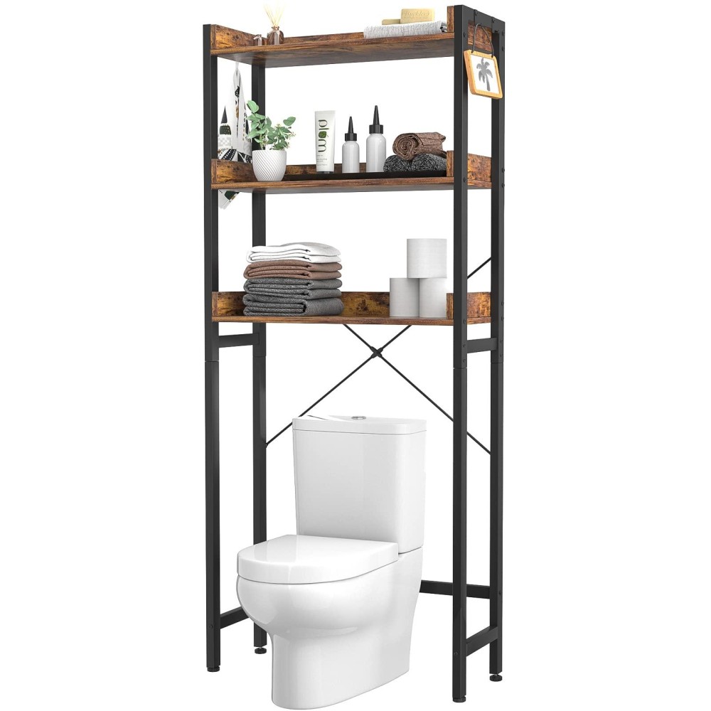 Ecoprsio Over-The-Toilet Storage Rack, 3-Tier Bathroom Organizer Shelf Over Toilet, Freestanding Space Saver Toilet Stands With 4 Hooks, Rustic Brown