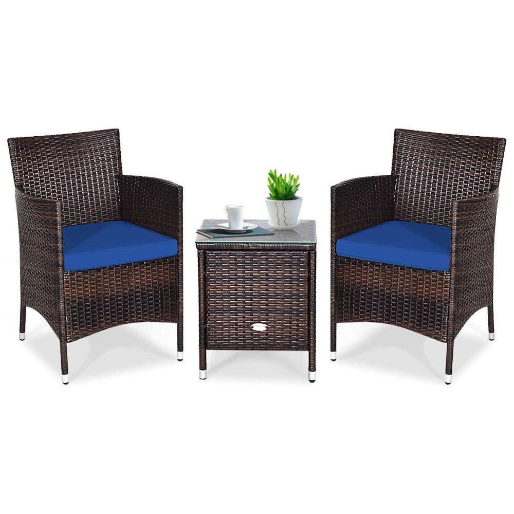 Dortala 3 Piece Patio Furniture Set, Outdoor Rattan Conversation Set With Coffee Table, Chairs & Thick Cushions, Patio Sectional Sofa Set, Wicker Bistro Set For Patio Garden Lawn Backyard Pool, Navy