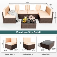 Pamapic Patio Furniture Set, 7 Pieces Modular Outdoor Sectional, Patio Sectional Sofa Conversation Set, Rattan Sofa With Coffee Table And Washable Cushions Covers, Brown Rattan And Beige Cushions