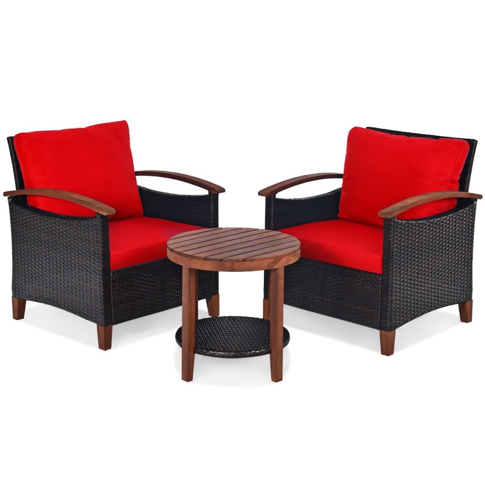 Dortala 3 Pieces Patio Rattan Furniture Set, Outdoor Wicker Sofa Set W/Washable Cushion And Acacia Wood Tabletop, High Load Bearing Chair With Coffee Table, Conversation Furniture (Red)