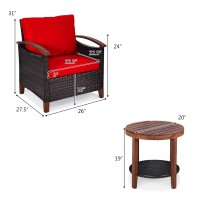 Dortala 3 Pieces Patio Rattan Furniture Set, Outdoor Wicker Sofa Set W/Washable Cushion And Acacia Wood Tabletop, High Load Bearing Chair With Coffee Table, Conversation Furniture (Red)