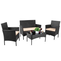 Devoko 4 Pieces Patio Porch Furniture Sets Pe Rattan Wicker Chairs Beige Cushion With Table Outdoor Garden Patio Furniture Sets