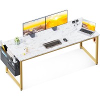 Odk Computer Desk Large Office Desk, 63 Inch Writing Desk With Storage, Modern Pc Desk Work Table With Headphone Hook For Home Office, White Marble + Gold Leg