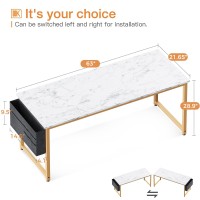 Odk Computer Desk Large Office Desk, 63 Inch Writing Desk With Storage, Modern Pc Desk Work Table With Headphone Hook For Home Office, White Marble + Gold Leg