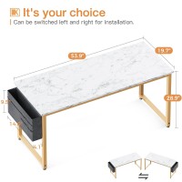Odk Computer Writing Desk 55 Inch, Sturdy Home Office Table, Work Desk With A Storage Bag And Headphone Hook, White Marble + Gold Leg