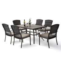 Pamapic 8504 Patio Dining 7 Piece, Outdoor Wicker Furniture Set For Backyard Garden Deck Poolside/Iron Slats Table Top, Removable Cushions, 7 Pack, Beige