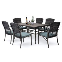 Pamapic Patio Dining Table Set, Garden Dining Set 7 Piece, Outdoor Wicker Furniture Set For Backyard Garden Deck Poolside/Iron Slats Table Top, Removable Cushions(Green)