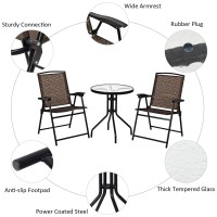 Kotek Patio Bistro Set, 3 Piece Outdoor Furniture Set W/Round Table & 2 Folding Chairs, Tempered Glass Tabletop, Bistro Table And Chairs For Balcony, Porch, Courtyard, Brown