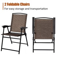 Kotek Patio Bistro Set, 3 Piece Outdoor Furniture Set W/Round Table & 2 Folding Chairs, Tempered Glass Tabletop, Bistro Table And Chairs For Balcony, Porch, Courtyard, Brown