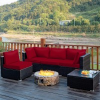 Tangkula 5 Pieces Patio Furniture Set, All Weather Wicker L-Shaped Corner Sofa Set W/Soft Cushions, Outdoor Sectional Conversation Couch Set W/Glass Table For Backyard Garden Poolside (Red)