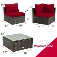 Tangkula 5 Pieces Patio Furniture Set, All Weather Wicker L-Shaped Corner Sofa Set W/Soft Cushions, Outdoor Sectional Conversation Couch Set W/Glass Table For Backyard Garden Poolside (Red)