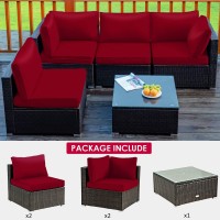 Tangkula 5 Pieces Patio Furniture Set, All Weather Wicker L-Shaped Corner Sofa Set W/Soft Cushions, Outdoor Sectional Conversation Couch Set W/Glass Table For Backyard Garden Poolside (Red)