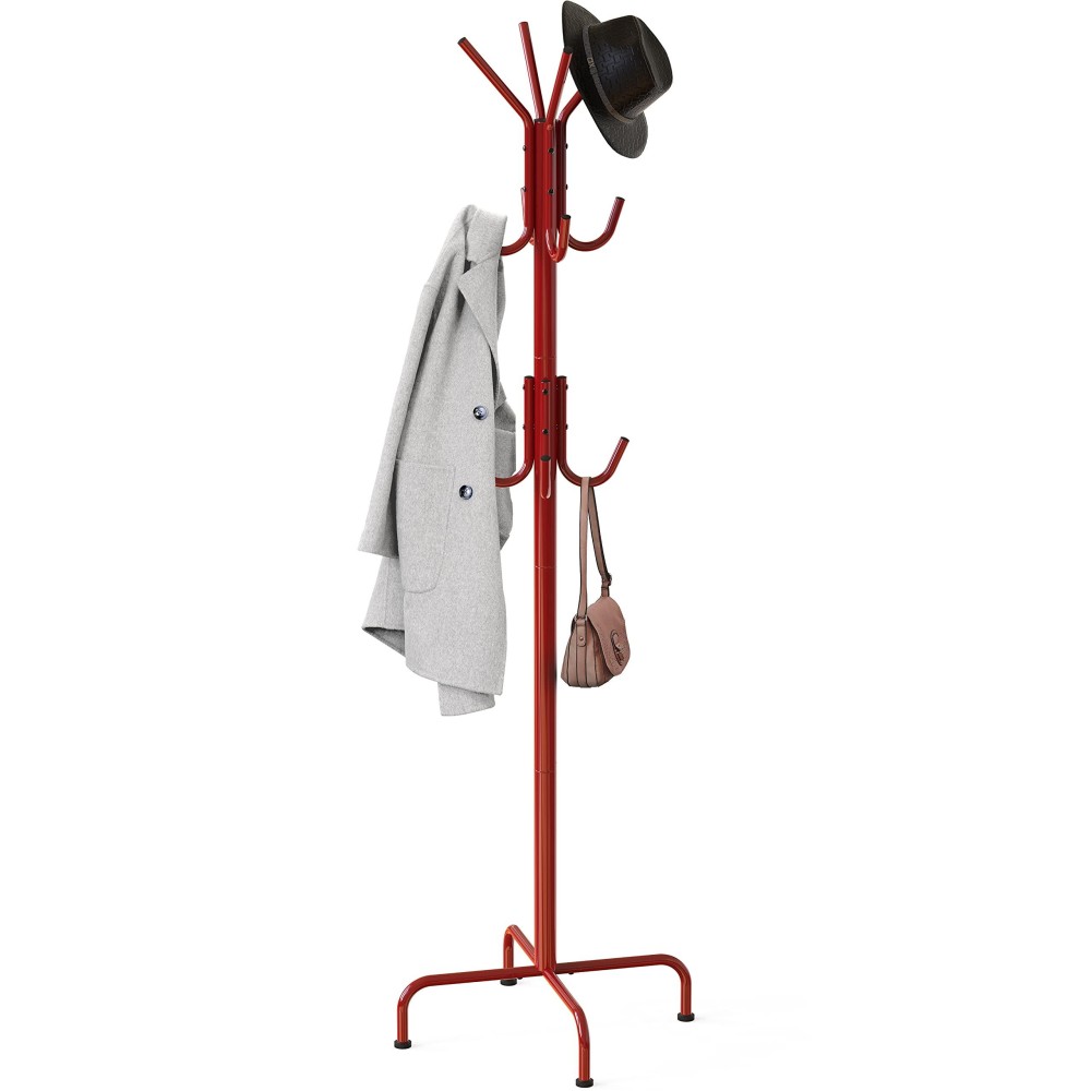 Simple Houseware Standing Coat And Hat Hanger Organizer Rack 12 Hooks Red