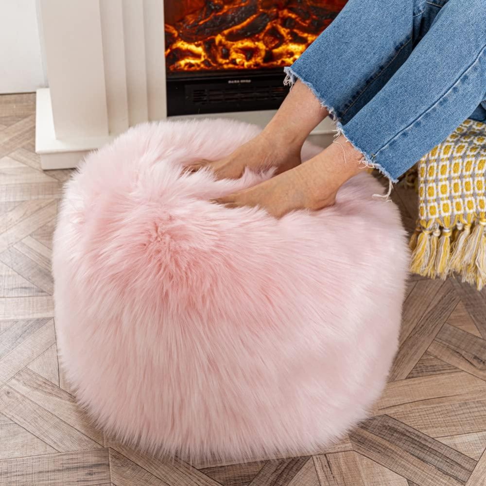 Asuprui Fur Pouf Ottoman Stool,Floor Bean Bag Chair(No Filler),Ottoman Foot Rest,Unstuffed Ottoman Poof Covers,20X12 Inches Round Poof Seat, Foot Rest Storage For Living Room, Bedroom Pink Cover Only