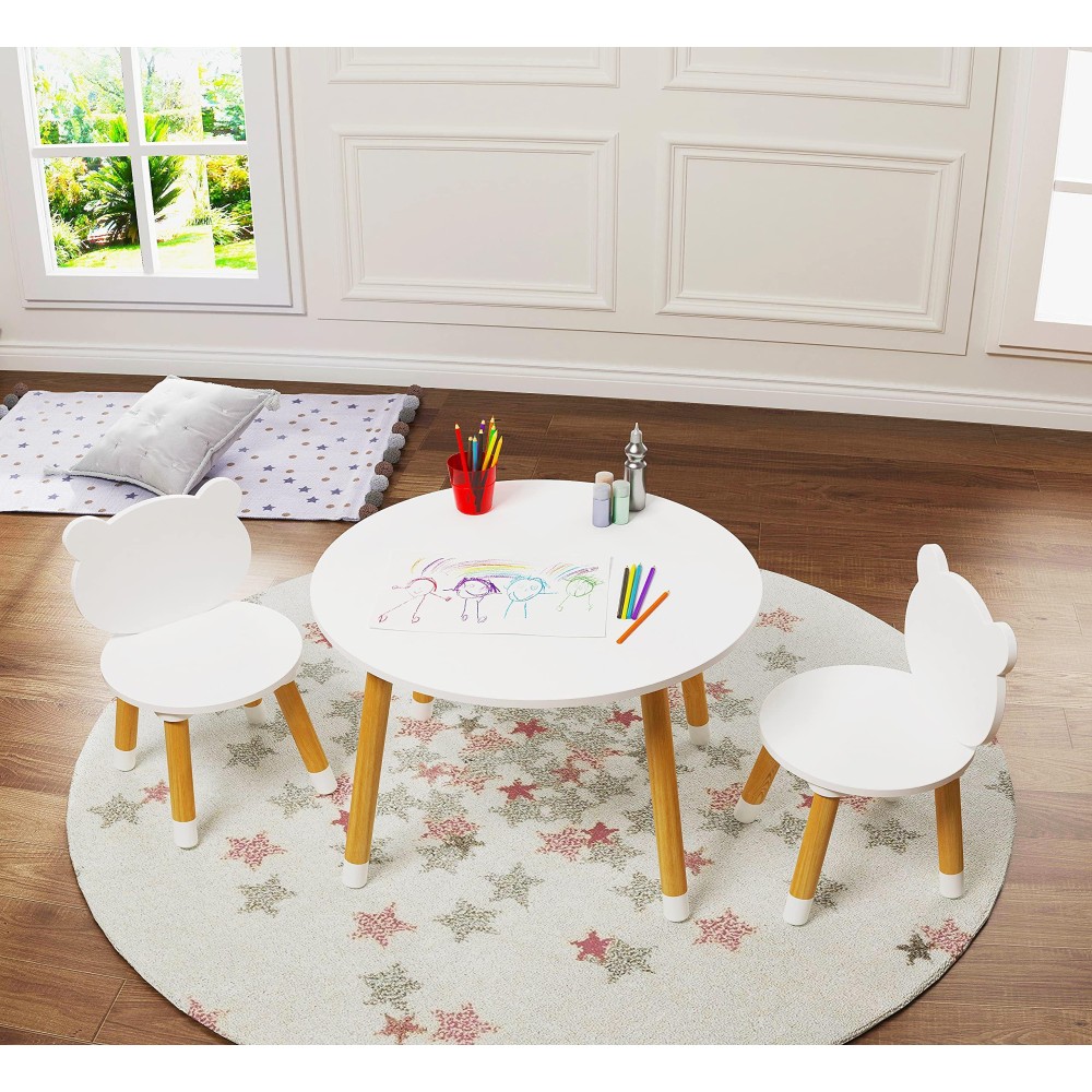 Utex Kids Wood Table And Chair Set, Kids Play Table With 2 Chairs,3 Pieces Kids Round Table For Toddlers, Girls, Boys,White