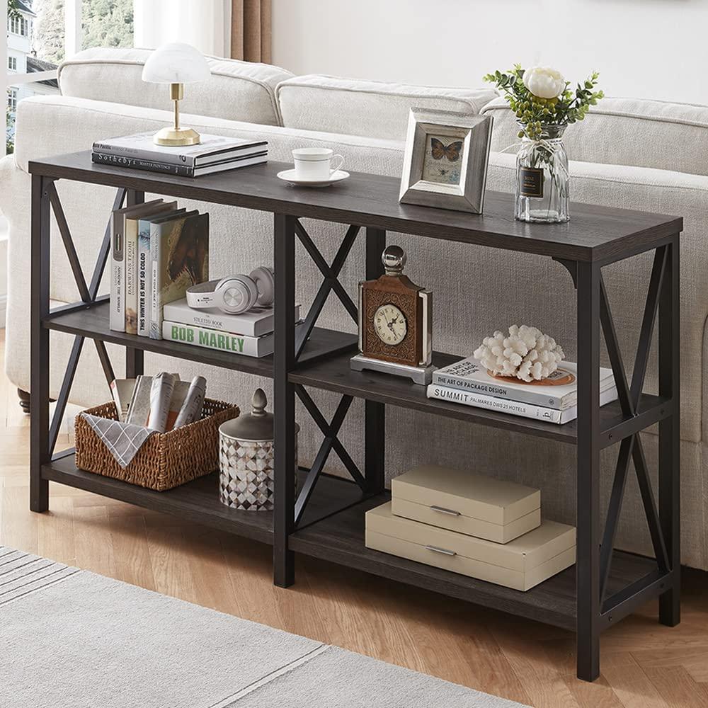 Lvb Industrial Console Table, Rustic Wood And Metal Sofa Table, Hallway Entry Table For Home Living Room, Foyer Accent Entryway Table With Storage Shelf, Dark Gray Oak, 47 Inch