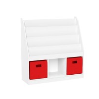 Kids Bookrack With Three Cubbies And 2 Red Bins