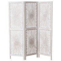 Modernist Sunburst Room Divider, Carved, Abstract Burst Motif, 3 Panel, Vintage Style, Rustic Pale Wood, White Wash Distressed, Mango And Mdf Wood, Approx. 6 Ft Tall, 71.75 Inches Tall (182 H Cm)