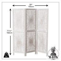 Modernist Sunburst Room Divider, Carved, Abstract Burst Motif, 3 Panel, Vintage Style, Rustic Pale Wood, White Wash Distressed, Mango And Mdf Wood, Approx. 6 Ft Tall, 71.75 Inches Tall (182 H Cm)