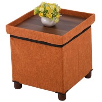 15 Inches Storage Ottoman With Wooden Legs Cube Foot Rest Stool, Square Footstool Storage, Ottoman With Storage For Living Room, Foldable Fabric Ottoman, Comfortable Seat With Lid, Space-Saving Orange