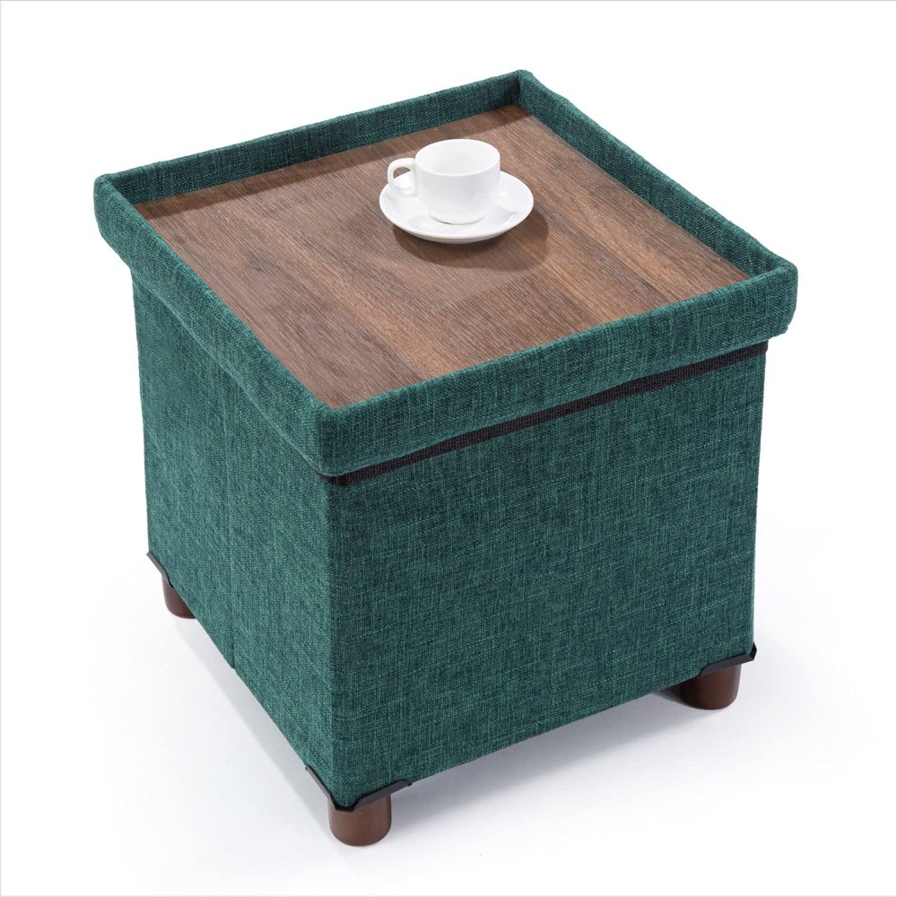15 Inches Storage Ottoman With Wooden Legs, Cube Foot Rest Stool/Square Footstool Storage For Living Room, Foldable Fabric Ottoman, Comfortable Seat With Lid, Space-Saving Green