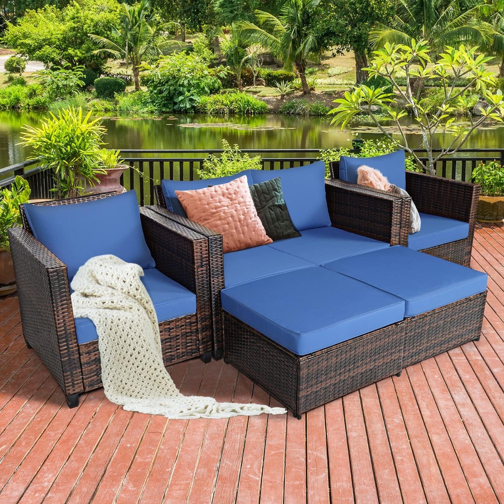 Tangkula 5 Pieces Patio Furniture Set, Outdoor Rattan Sofa Set W/Removable Cushions, Wicker Loveseat W/Single Sofa & Ottoman, Sectional Sofa Conversation Set For Yard, Garden, Poolside (Blue)