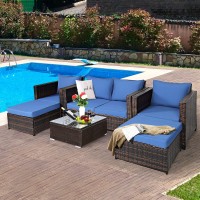 Tangkula 5 Pieces Patio Furniture Set, Outdoor Rattan Sofa Set W/Removable Cushions, Wicker Loveseat W/Single Sofa & Ottoman, Sectional Sofa Conversation Set For Yard, Garden, Poolside (Blue)