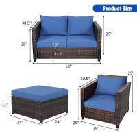 Tangkula 5 Pieces Patio Furniture Set, Outdoor Rattan Sofa Set W/Removable Cushions, Wicker Loveseat W/Single Sofa & Ottoman, Sectional Sofa Conversation Set For Yard, Garden, Poolside (Blue)