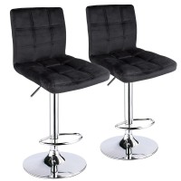 Modern Square Pu Leather Adjustable Bar Stools With Back, Set Of 2,Counter Height Swivel Stool By Leopard ( Velvet Black)