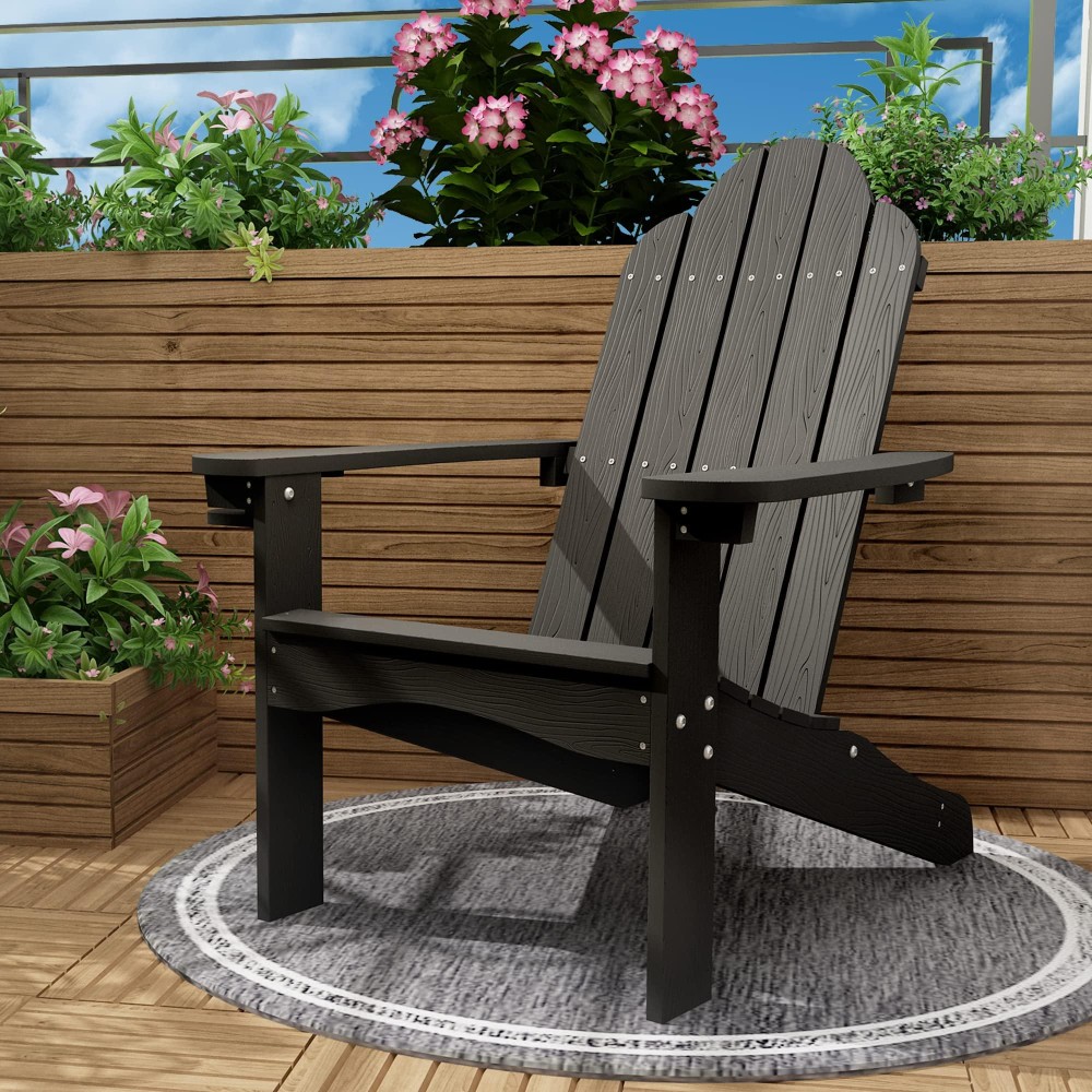 Lue Bona Adirondack Chair Weather Resistant Black Outdoor Patio Chair Adirondack Chairs With Cup Holder 300Lbs Modern Adirond