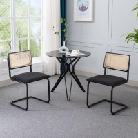Rattan Dining Chairs Set Of 2, Cane Backrest Side Chairs, Boucle Fabric, Sturdy Metal Legs, Upholstered Comfy Chair For Bedroom, Kitchen, Living Room, Home, Leisure(Black)