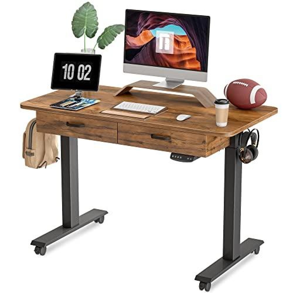 Fezibo Standing Desk With Double Drawer, 48X 24 Inches Adjustable Height Electric Stand Up Desk, Ergonomic Workstation Black Frame/Fir Brown Top