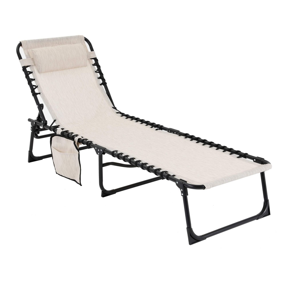 Mupater 4-Fold Patio Chaise Lounge Chair For Outdoor With Detachable Pocket And Pillow, Portable Sun Lounger Recliner For Beach, Camping And Pool, Cream White